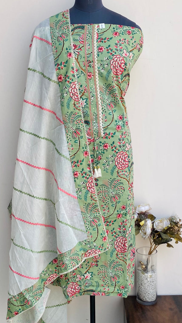 Designer Embroidered Suit Length 3 Piece Green Muslin Cotton With Pearl & Sequence Work
