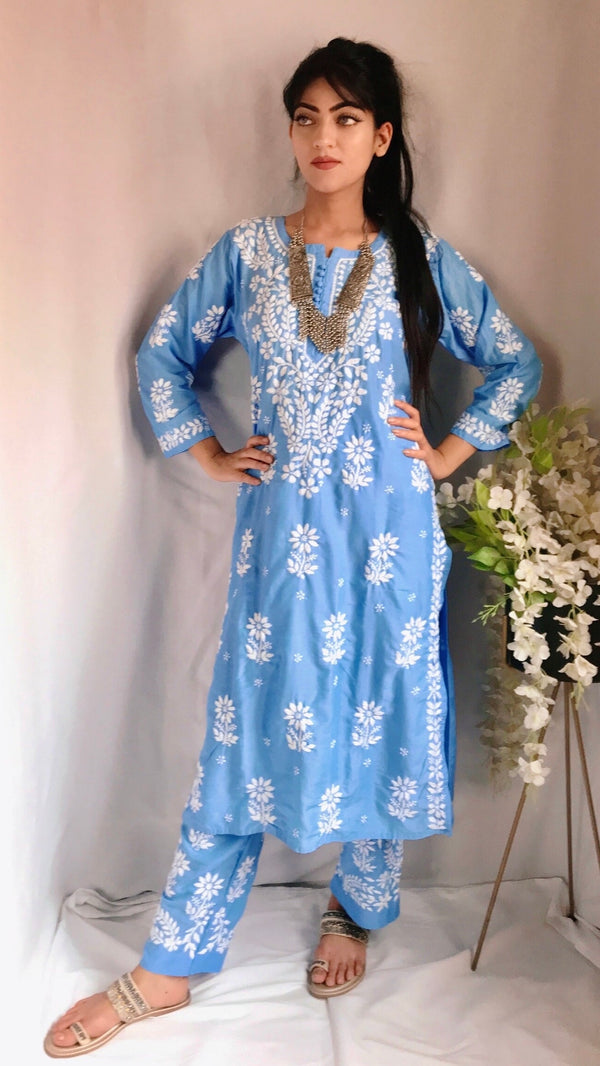 Lucknowi Chikankari Co-ord Set Blue Modal Cotton