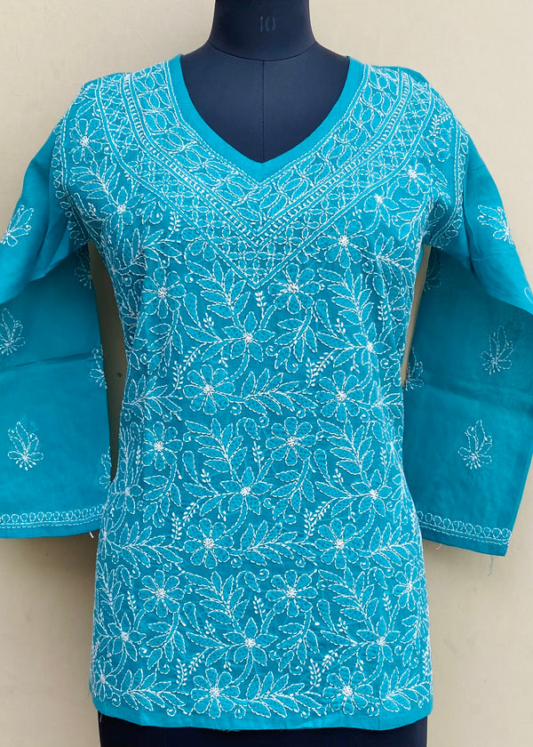 Lucknowi Chikankari Short Kurti Sea Green Cotton