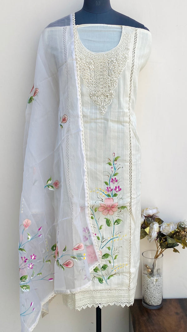 Designer Embroidered Suit Length 3 Piece Cream Mal Cotton With Pearl Work