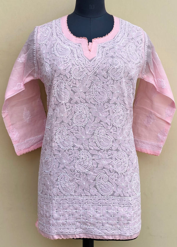 Lucknowi Chikankari Short Kurti Pink Cotton