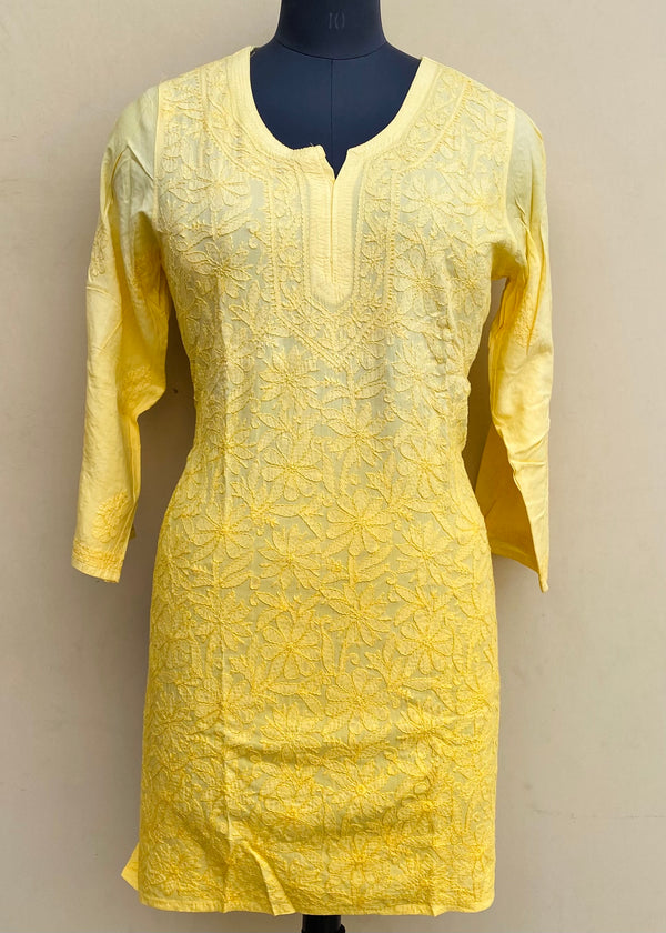 Lucknowi Chikankari Ombre Short Kurti Yellow Muslin Cotton