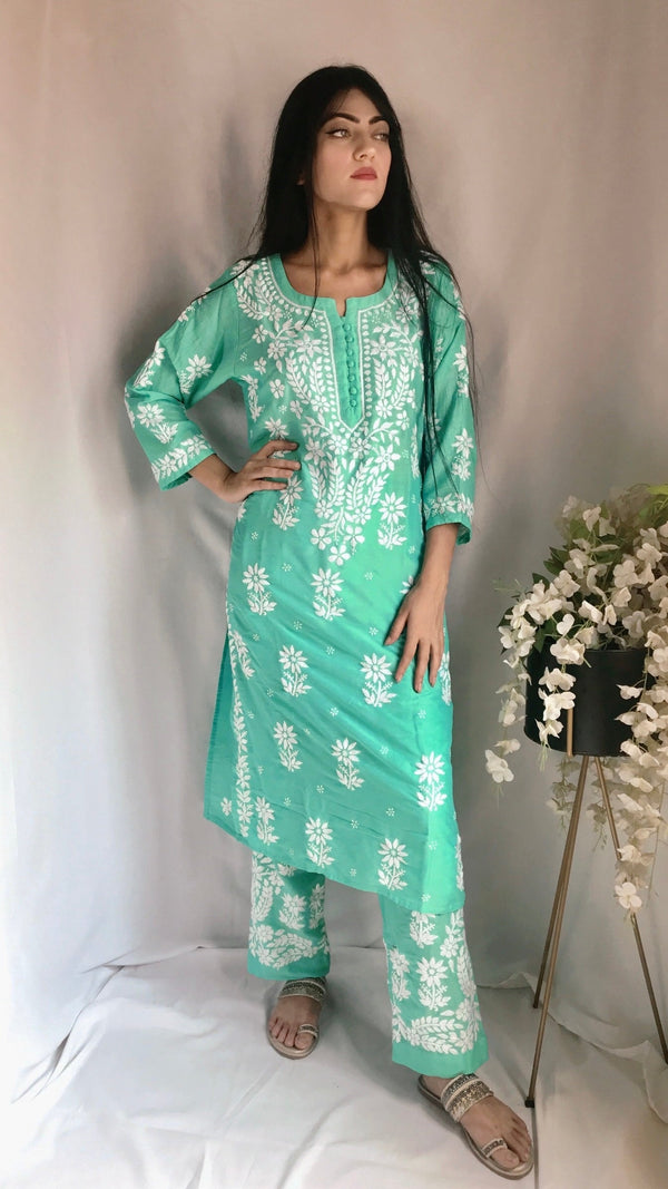 Lucknowi Chikankari Co-ord Set Sea Green Modal Cotton