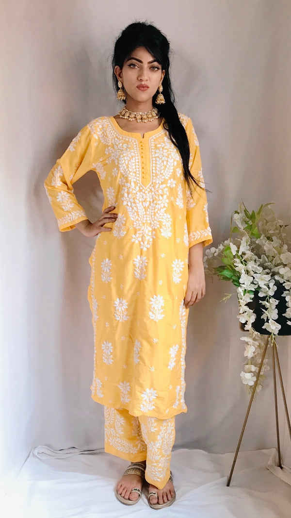 Lucknowi Chikankari Co-ord Set Yellow Modal Cotton