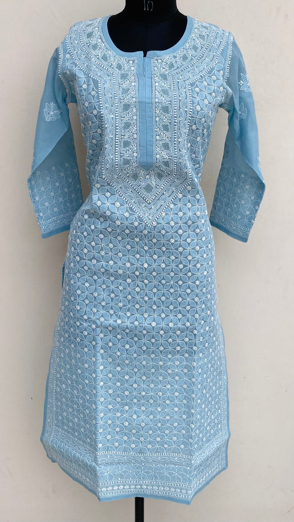 Lucknowi Chikankari Kurti Powder Blue Cotton With Jaali Work