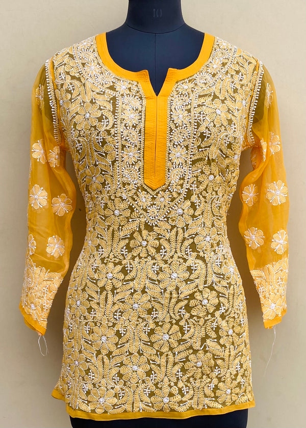 Lucknowi Chikankari Short Kurti Mustard Georgette