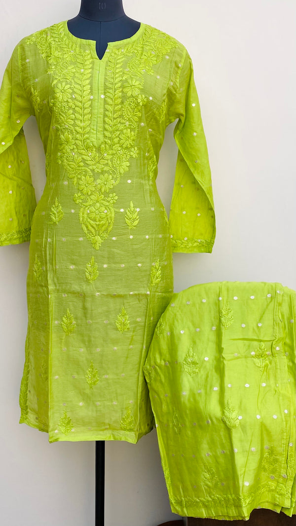 Lucknowi Chikankari Co-ord Set Parrot Green Mal Chanderi With Self Work