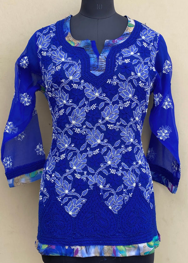 Lucknowi Chikankari Short Kurti Blue Georgette