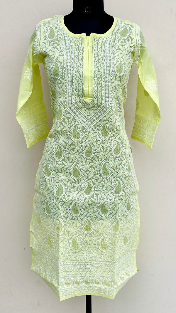 Lucknowi Chikankari Kurti Lemon Yellow Cotton With Jaali Work