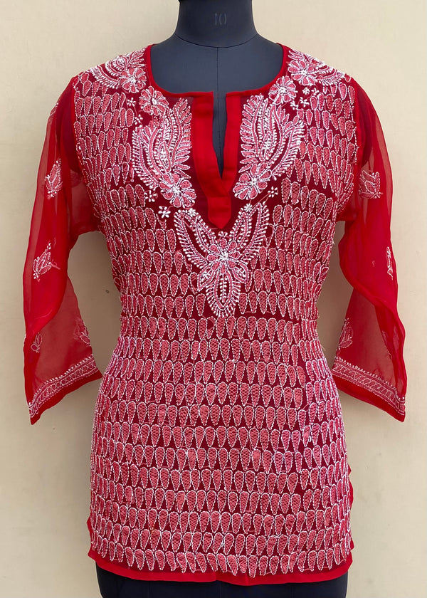 Lucknowi Chikankari Short Kurti Red Georgette