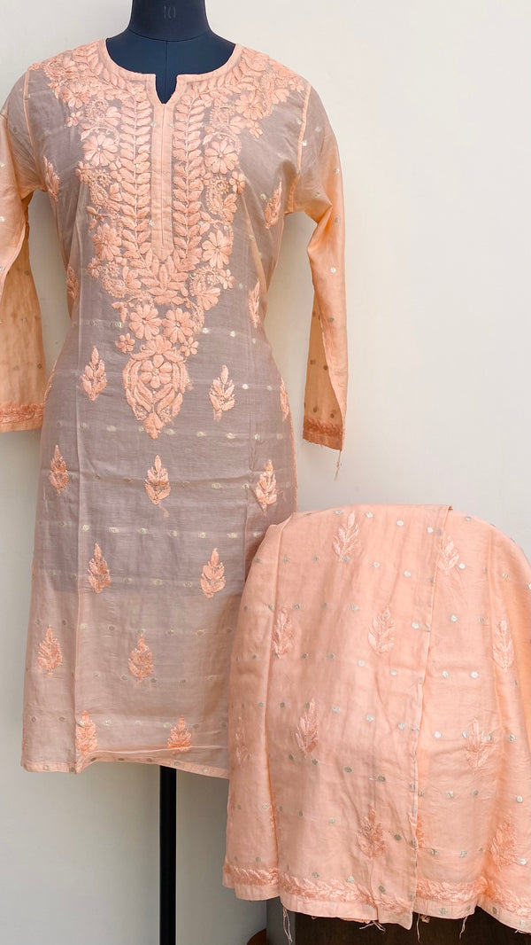 Lucknowi Chikankari Co-ord Set Peach Mal Chanderi With Self Work