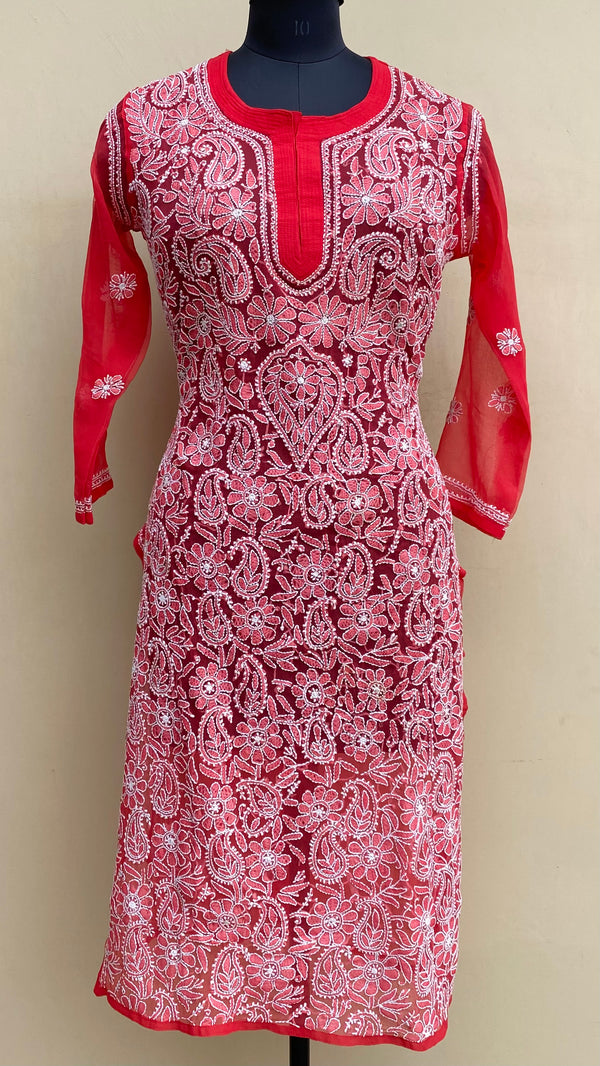Lucknowi Chikankari Kurti Red Georgette
