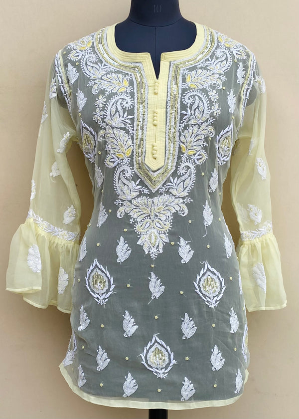 Lucknowi Chikankari Short Kurti Lemon Yellow Georgette With Pearl & Sequence Work