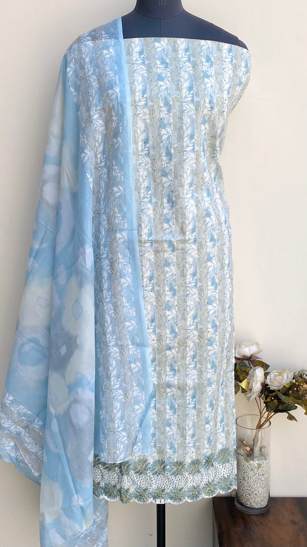 Designer Embroidered Suit Length 3 Piece Blue Mal Cotton