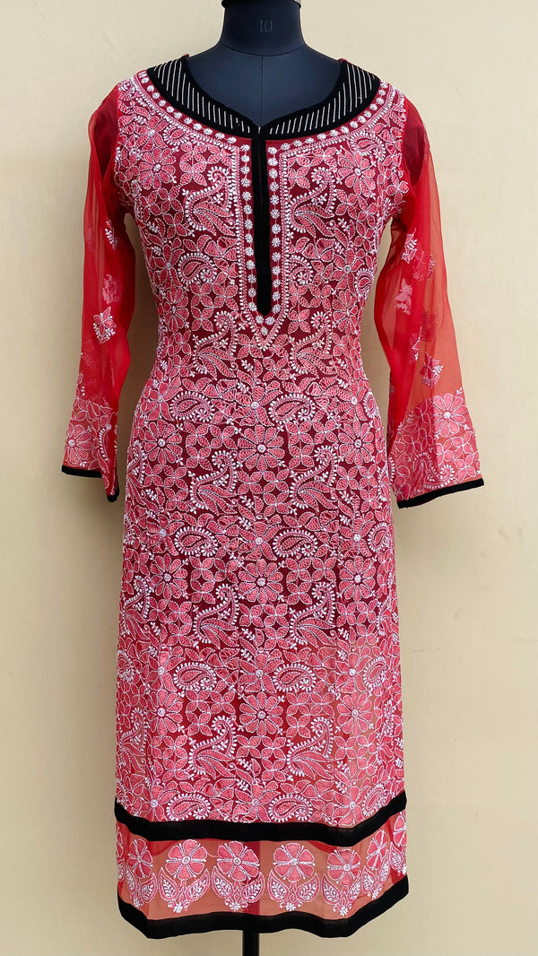 Lucknowi Chikankari Kurti Red Georgette
