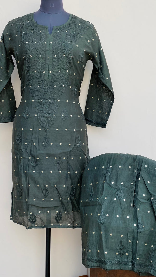 Lucknowi Chikankari Co-ord Set Bottle Green Mal Chanderi With Self Work