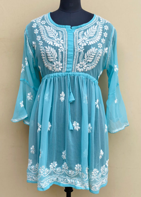 Lucknowi Chikankari Short Kurti Blue Georgette