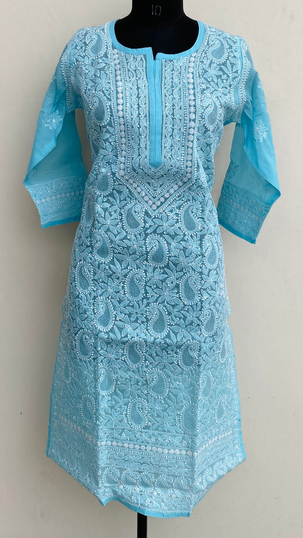 Lucknowi Chikankari Kurti Blue Cotton With Jaali Work