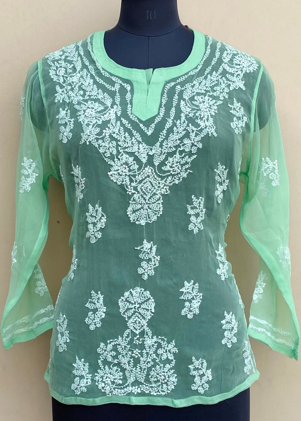 Lucknowi Chikankari Short Kurti Green Georgette