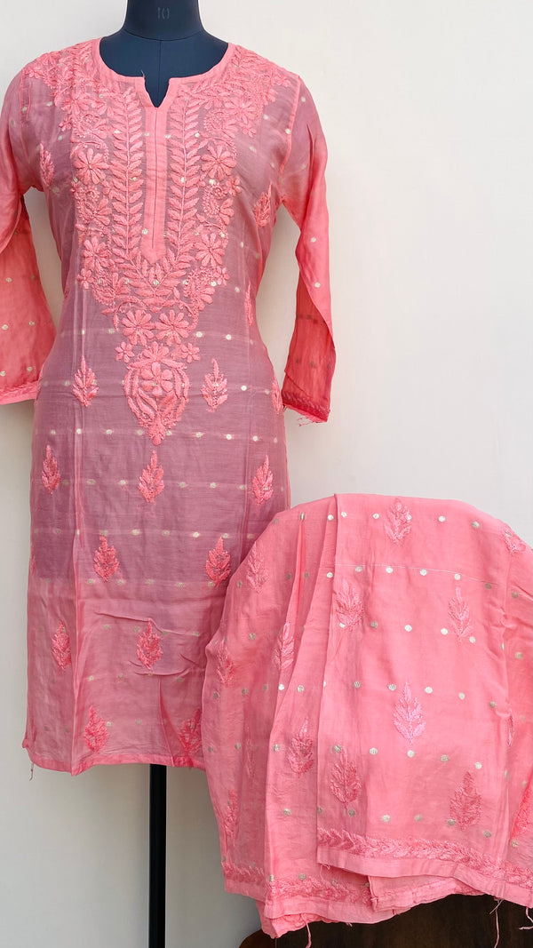 Lucknowi Chikankari Co-ord Set Pink Mal Chanderi With Self Work