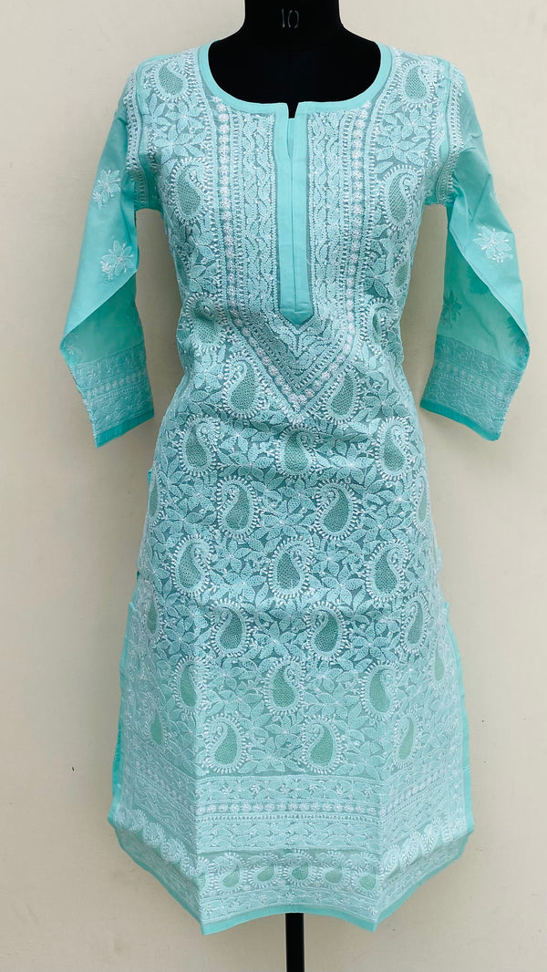 Lucknowi Chikankari Kurti Sea Green Cotton With Jaali Work