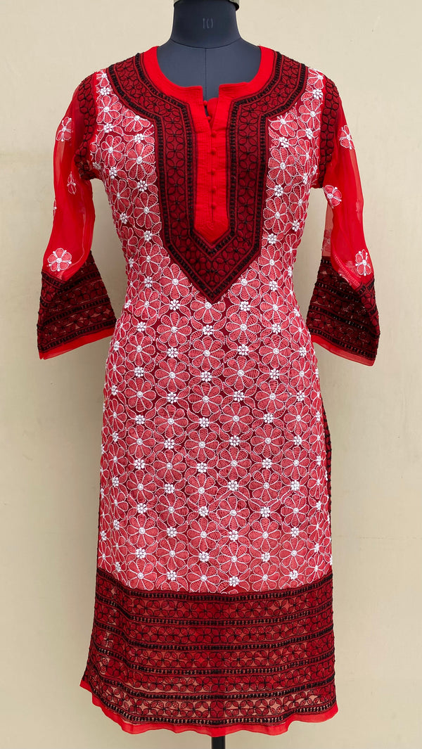 Lucknowi Chikankari Kurti Red Georgette