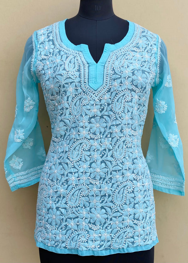 Lucknowi Chikankari Short Kurti Blue Georgette