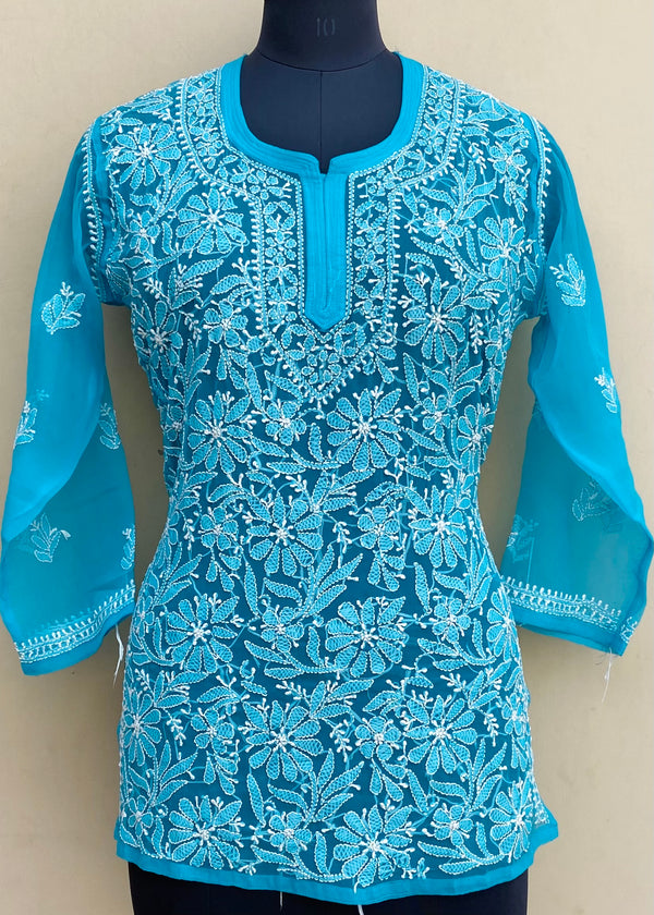 Lucknowi Chikankari Short Kurti Blue Georgette