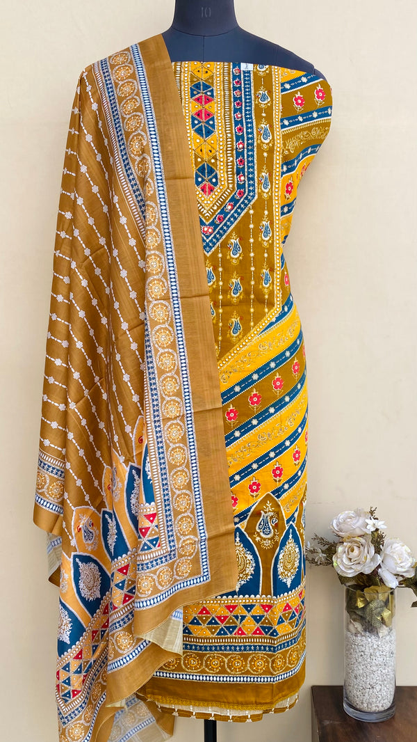 Designer Embroidered Suit Length 3 Piece Mustard Mal Cotton