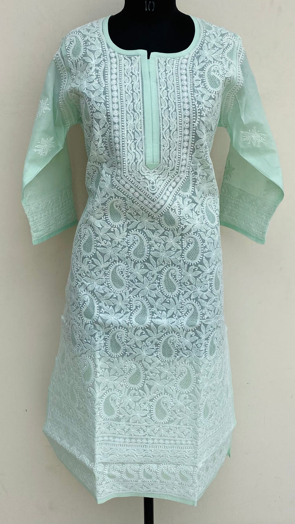 Lucknowi Chikankari Kurti Mint Green Cotton With Jaali Work