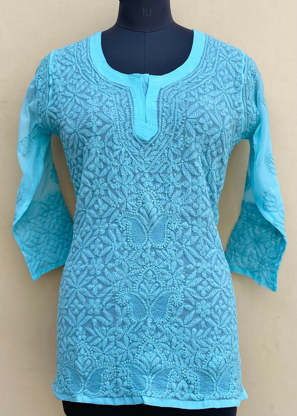 Lucknowi Chikankari Short Kurti Blue Georgette With Jaali Work