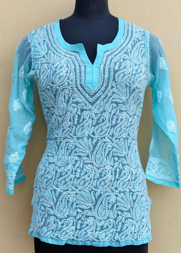 Lucknowi Chikankari Short Kurti Blue Georgette