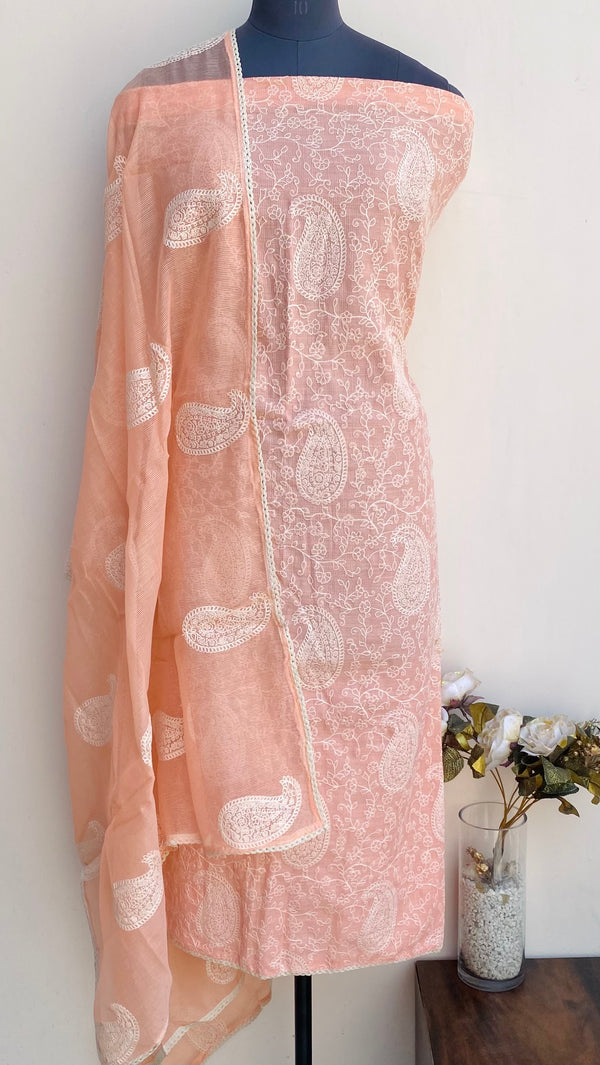 Designer Embroidered Suit Length 3 Piece Peach Kota