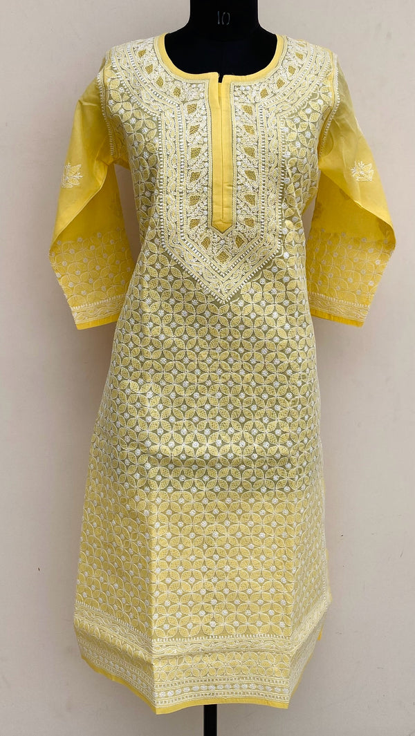 Lucknowi Chikankari Kurti Yellow Cotton With Jaali Work