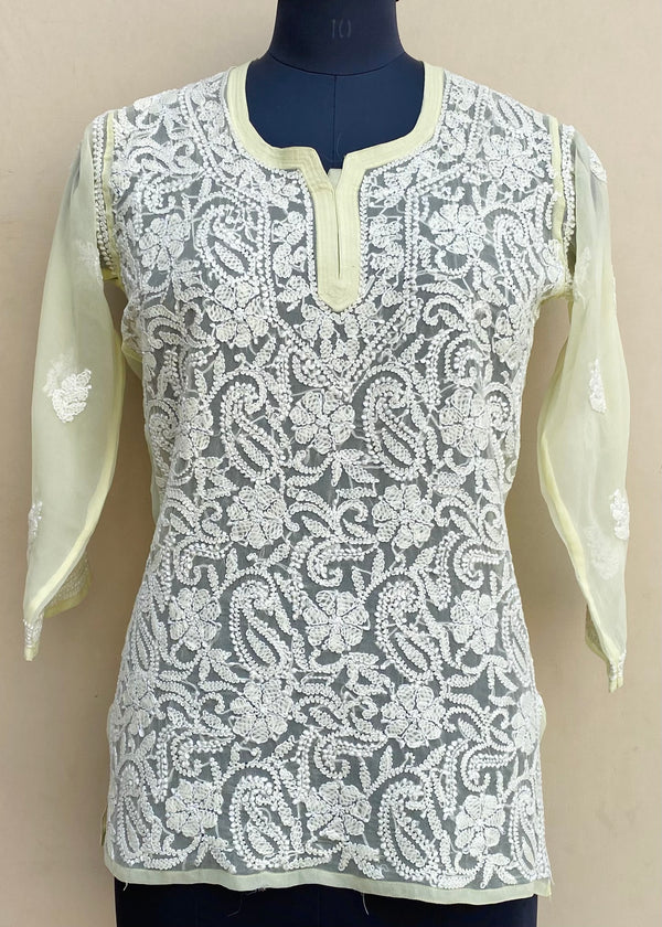 Lucknowi Chikankari Short Kurti Lemon Yellow Georgette