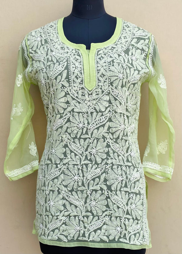 Lucknowi Chikankari Short Kurti Green Georgette