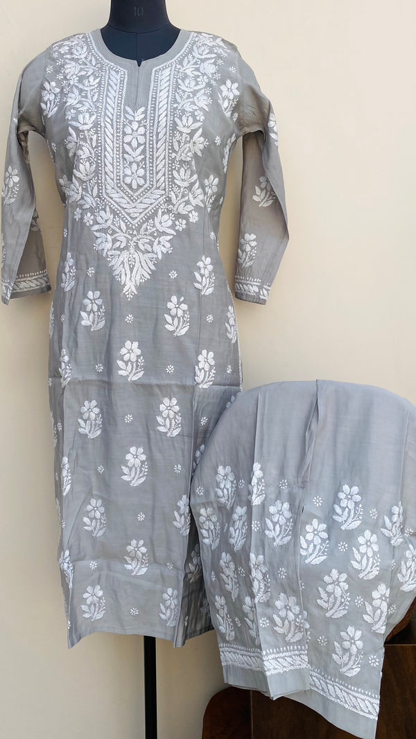 Lucknowi Chikankari Co-ord Set Gray Muslin Cotton