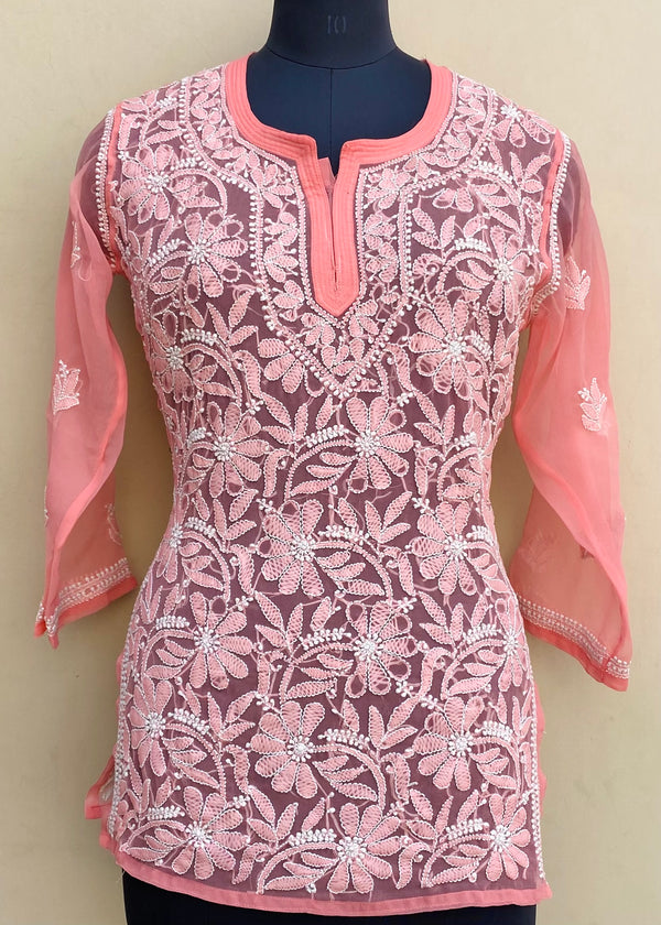 Lucknowi Chikankari Short Kurti Pink Georgette