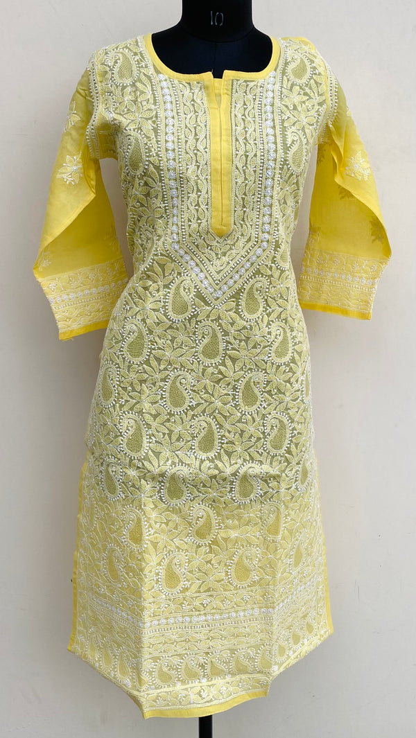 Lucknowi Chikankari Kurti Yellow Cotton With Jaali Work