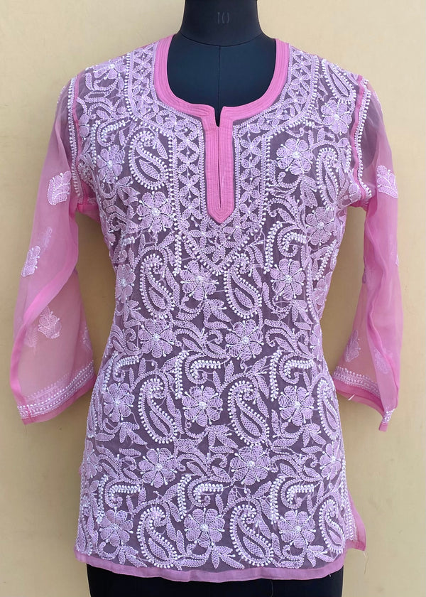 Lucknowi Chikankari Short Kurti Pink Georgette