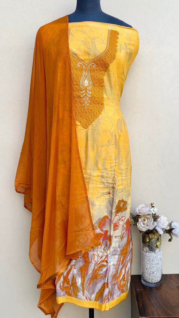 Designer Embroidered Suit Length 3 Piece Yellow Mal Cotton