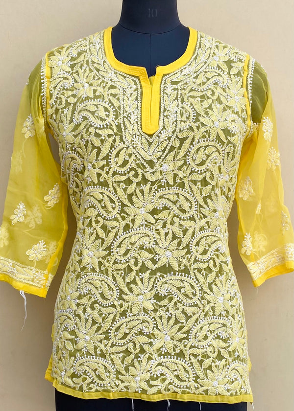 Lucknowi Chikankari Short Kurti Yellow Georgette