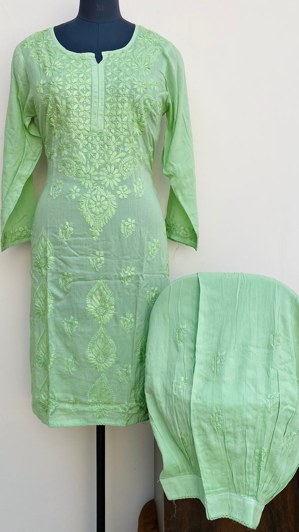 Lucknowi Chikankari Co-ord Set Green Muslin Cotton With Self Work