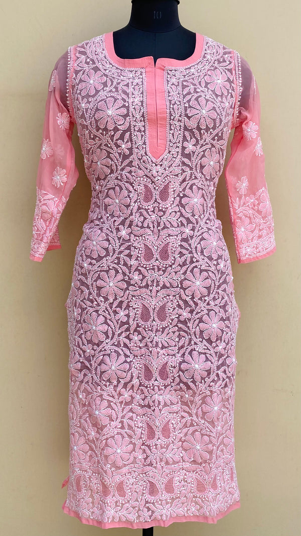 Lucknowi Chikankari Kurti Pink Georgette With Jaali Work