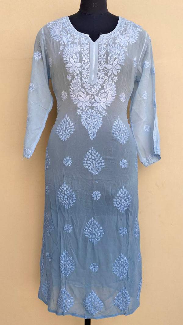 Lucknowi Chikankari Ombre Kurti Powder Blue Pure Georgette Self 3D Work