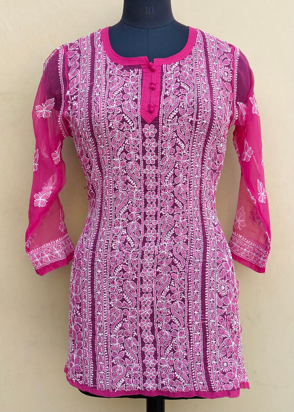 Lucknowi Chikankari Short Kurti Pink Georgette