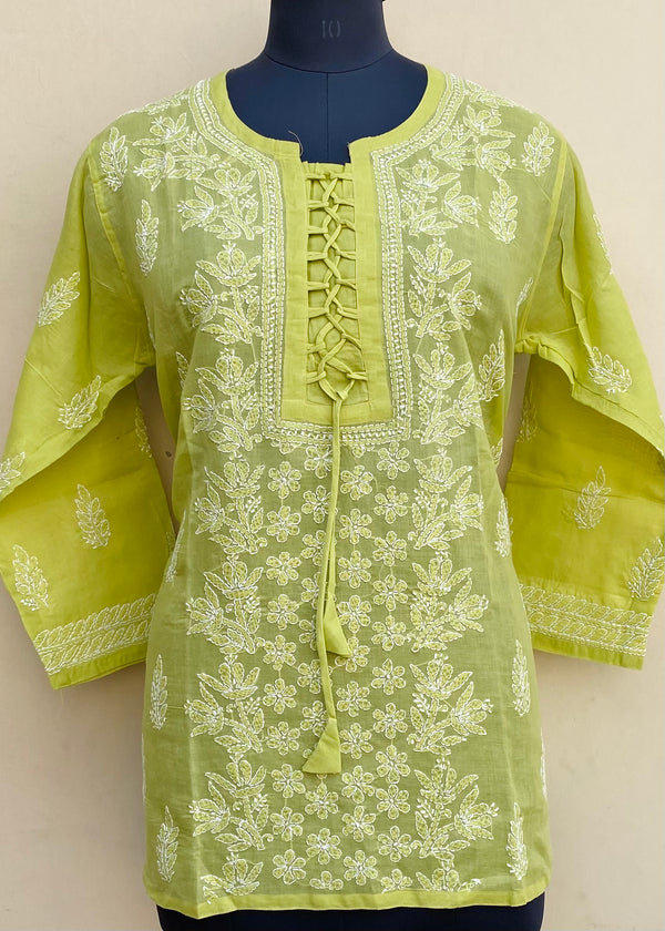 Lucknowi Chikankari Short Kurti Mehndi Green Cotton