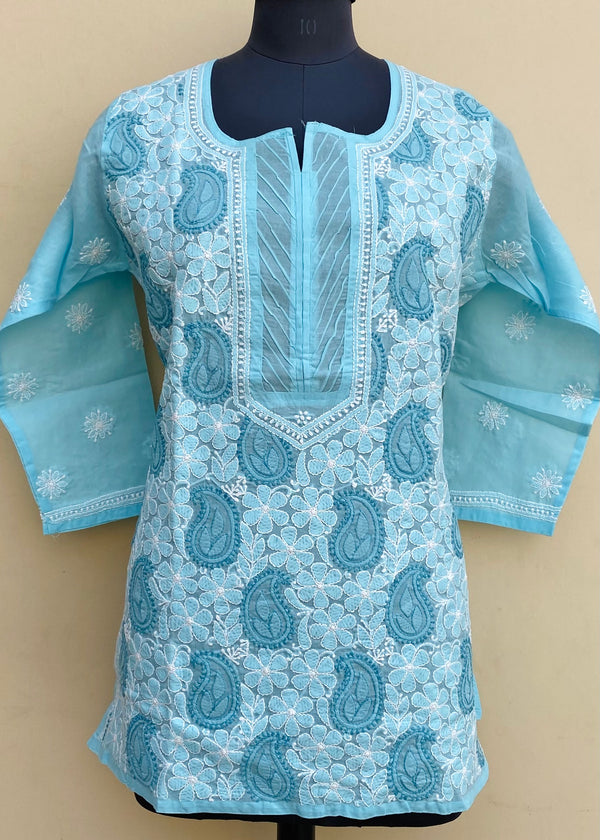 Lucknowi Chikankari Short Kurti Blue Cotton