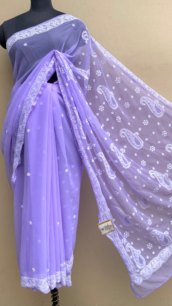 Lucknowi Chikankari Saree Purple Georgette With Jaali Work