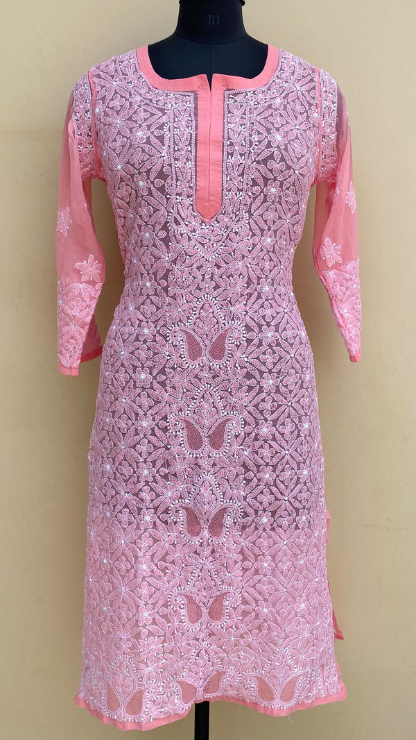 Lucknowi Chikankari Kurti Pink Georgette With Jaali Work
